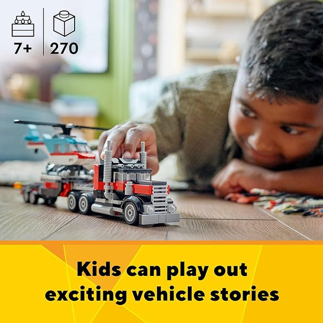 LEGO Creator 3 in 1 Flatbed Truck with Helicopter Toy, Transforms from Flatbed Truck Toy to Propeller Plane to Hot Rod and SUV Car Toys, Gift Idea for Boys and Girls Ages 7 Years Old and Up, 31146