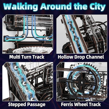 3D Wooden Puzzle Marble Run with LED Lights, Wooden Model Building Kits for Adults, Wood Mechanical Puzzle Building Set, Office Desk Decor Gift for Men Adults (312 PCS)