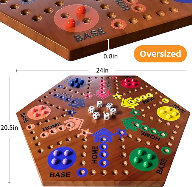 Wooden Board Game, Board Game Original Marble Game Double Sided Painted 2 to 6 Player Fast Track Wooden with 6 Colors 24 Marbles 6 Dice for Adults Kids Family(24 INCH Flame)