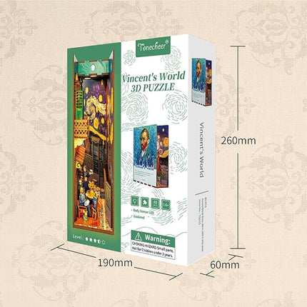 Tonecheer DIY Book Nook Kit for Adults,3D Wooden Puzzle Bookend Bookshelf Insert Library Decor, Booknook Miniature House Kit with Body Motion Sensor LED Light (Vincent's World)