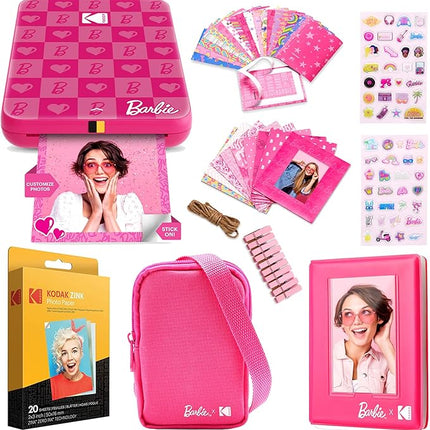 KODAK x Barbie Step Slim Wireless Instant Portable Photo Mobile Printer Gift Bundle (Iconic Style)+ Barbie Camera Case, Photo Album, Sticker & Hanging Frames, 50 Stickers + Zink Paper (20 Sheets)
