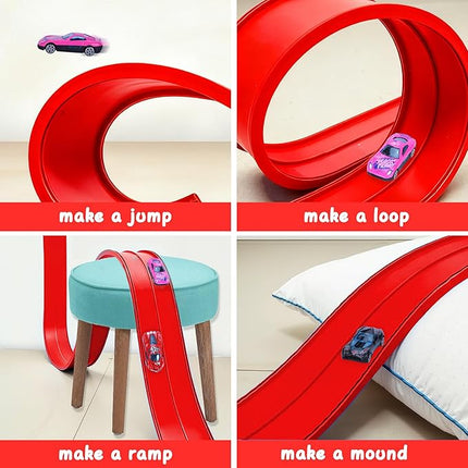 Flexible Race Car Ramp Track for Kids Toy 4 Small Race Cars and 8 Suction Cups Compatible with Hot Wheels and Diecast 1/64th Cars, Rolls Up Portable Racetrack for Ages 3 & Up (Red)