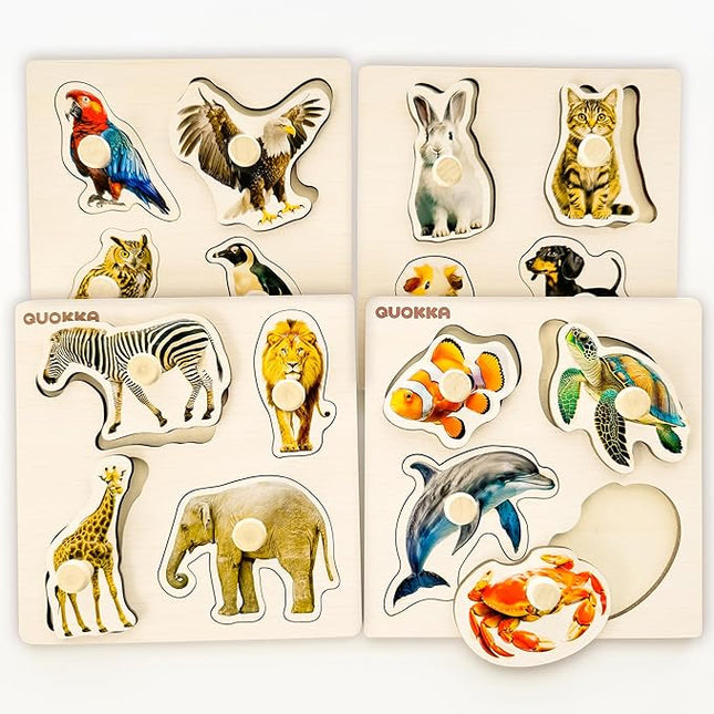 QUOKKA Wooden Puzzles for Toddlers 1-3 – 4 Set Pegged Puzzles for Kids Ages 2-4 – Animal and Birds Learning Toy for Kids – Gift Realistic Educational Game for Boy and Girl