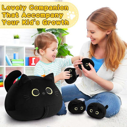 Auspicious beginning 19'' Black Cat Plush 5PCS Cat Family PlushToys,Cute Black Cat Mommy Cat with 4 Baby Kittens Cat Plushies for Kids, Kawaii Birthday Gifts for Kids Boys Girls