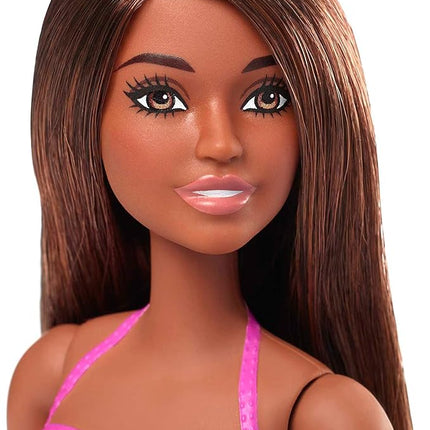 Barbie Doll & Pool Playset with Accessories that Include a Pink Slide, Beverages & Towel, Brunette Fashion Doll in Floral Swimsuit