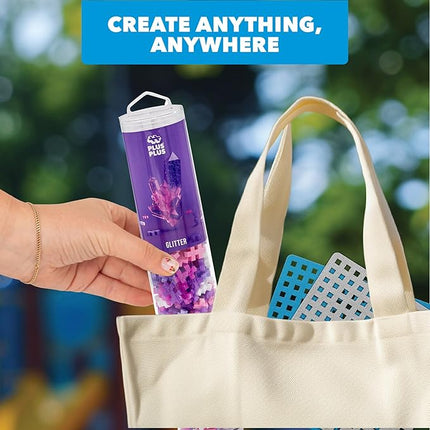 PLUS PLUS 240 Piece Interlocking Building Blocks for Kids, Open Ended Connecting Toys, STEM Bin Mini Manipulatives - Glitter Mix Play Tube & Baseplate