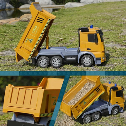 Remote Control Dump Truck Toys - RC Construction Vehicles with Blue Warning Lights, Trucks Toy for Boys Girls 3 4 5-7 8 9 10 Year Old and Up, Best Birthday Gift Ideas for Kids Age 5-10