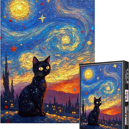 1000pcs Jigsaw Puzzle - Starry Night with Black Cat, Challenging Brain Teaser for Adults & Families, Scratch-Resistant Paper Puzzle, Ideal DIY Decor, Adult Puzzles Starry Night Design