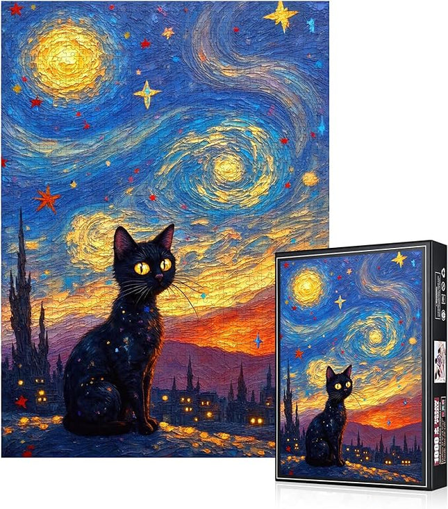 1000pcs Jigsaw Puzzle - Starry Night with Black Cat, Challenging Brain Teaser for Adults & Families, Scratch-Resistant Paper Puzzle, Ideal DIY Decor, Adult Puzzles Starry Night Design