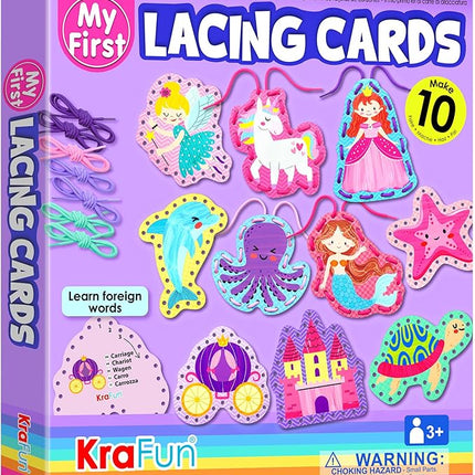 KRAFUN Beginner Unicorn My First Lacing Card Kit for Kids Arts & Crafts, 10 Easy Princess, Mermaid, Lacing Projects, Toddlers Lace Project, Fine Motor Preschool Skills Toys