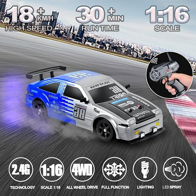 YUZ Remote Control Car Drift RC Car 1:16 Scale 2.4GHz Rechargeable Batterie Drifting Tires RC Cars18KM/H High Speed Racing with LED Lights Spray Racing Toy Cars for Adults Boys Kids Gift