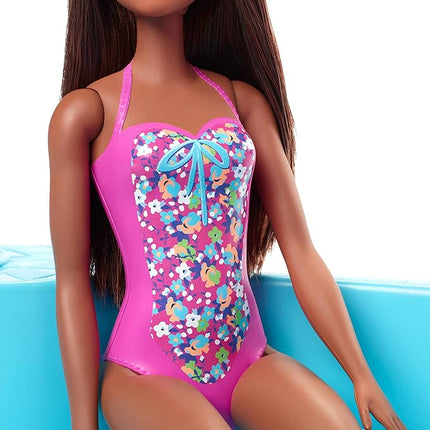 Barbie Doll & Pool Playset with Accessories that Include a Pink Slide, Beverages & Towel, Brunette Fashion Doll in Floral Swimsuit