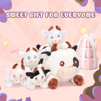 IKASA Mommy Cow Stuffed Animal Mom and Baby Plush, 15" Cute Soft Mama Family Set Cuddly Toy with Little Mini Babies,Gifts for Kids