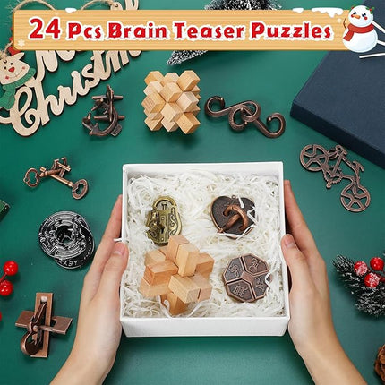 24 Pack Brain Teaser Puzzle Set Wooden and Metal 3D Interlocking IQ Toys for Adults and Teens Educational Games(Classic Style)