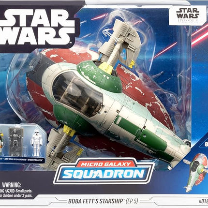 Star Wars Micro Galaxy Squadron Boba Fett's Starship (Ep 5) - 7-Inch Vehicle with Flight Display Stand and Three 1-Inch Micro Figure Accessories