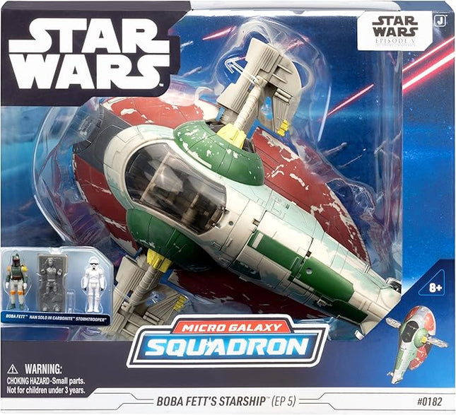 Star Wars Micro Galaxy Squadron Boba Fett's Starship (Ep 5) - 7-Inch Vehicle with Flight Display Stand and Three 1-Inch Micro Figure Accessories