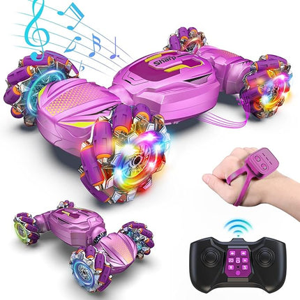 Gesture Sensing RC Stunt Car, Boys Girls Ages 6-12 Birthday Gift Ideas, 4WD Transform Off Road for Rotating Hand-Controlled 2.4Ghz Remote Control Twist Cars with Lights and Music Purple