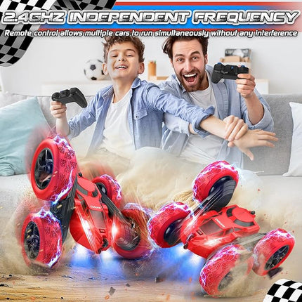 Remote Control Car for Boys - Car Toy for Kids Age 6 7 8 9, 4WD 2.4Ghz Double Sided 360° Rotating RC Cars with Headlights, Christmas Birthday for Boys and Girls - Red