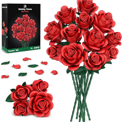 Red Roses Flower Bouquet Building Sets, 670Pcs Artificial Flowers Building Blocks Compatible with Lego Flowers for Adults Christmas Birthday Gifts for Women Mom Valentines Day Gifts