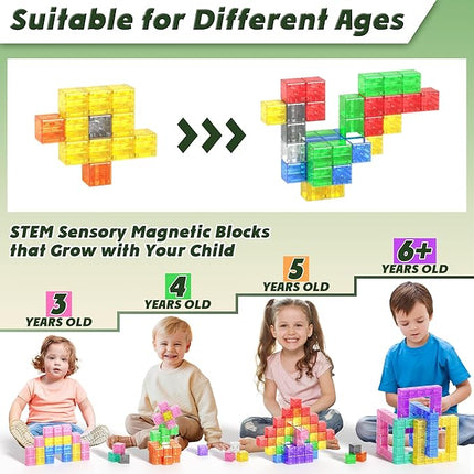 Magnetic Blocks Building Toys - Transparent Rainbow Magnetic Cubes Set, Outdoor Sensory Autism STEM Toys Gifts for Kids Aged 3+ Year Old Boys & Girls
