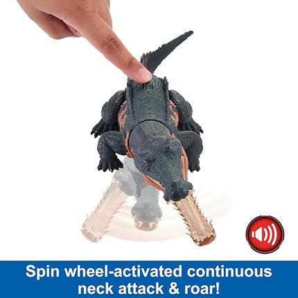 Mattel Jurassic World Wild Roar Dinosaur Toy with Sound & Attack Move, Gryposuchus Posable Action Figure Includes Digital Play, 11 inches Long