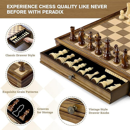Peradix Magnetic Chess Checkers Board Sets with 2 Built-in Storage Drawers,12.8" Classic 2 in 1 Wooden Games with 2 Extra Queens for Kids and Adults,Travel Portable Chess Game Set