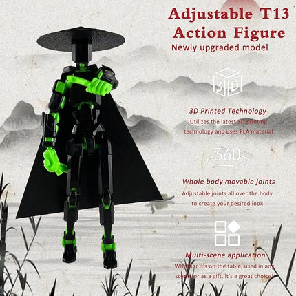 Already Assembled T13 Action Figure Accessories,Dummy 13 T13 Multi-Jointed Movable 3D Printed Toys (Black Green)