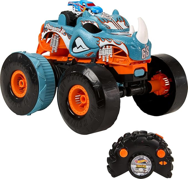 Hot Wheels Monster Trucks RC Toy, Remote-Control Transforming Rhinomite in 1:12 Scale & 1:64 Scale Race Ace, Converts into Launcher, Connects to Track