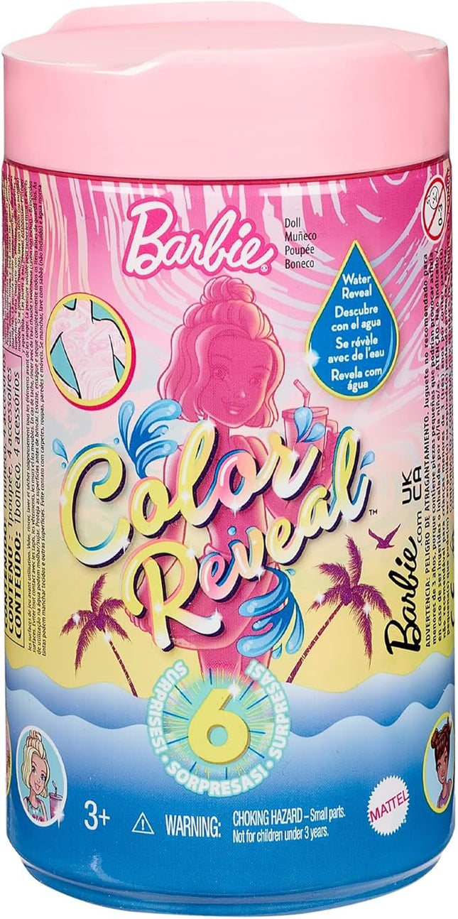 Barbie Chelsea Color Reveal Doll with 6 Surprises: 4 Bags with Cover-Up, Shoes, Towel & Accessory; Water Reveals Marble Blue Doll’s Look & Color Change on Hair; Sand & Sun Series [Styles May Vary]