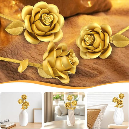 Gold Roses Flower Building Set - 3 Roses Bouquet Botanical Building Blocks for Adult, Home Decor Romantic Anniversary Valentine's Day Gift for Her, Wife, Girlfriend, Mom