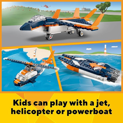 LEGO Creator 3 in 1 Supersonic Jet Plane Toy Set, Transforms from Plane to Helicopter to Speed Boat Toy, Buildable Vehicle Models for Kids, Boys and Girls 7 Plus Years Old, 31126