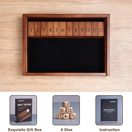 VAMSLOVE Shut The Box Dice Game Wooden Board Table Math Game for 2 Players and Up, 12 Numbers Close The Box with 6 Dice for Kids Adults Family (Instructions Included)