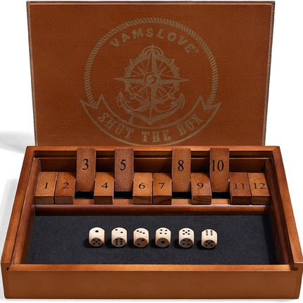 VAMSLOVE Shut The Box Dice Game Wooden Board Table Math Game for 2 Players and Up, 12 Numbers Close The Box with 6 Dice for Kids Adults Family (Instructions Included)