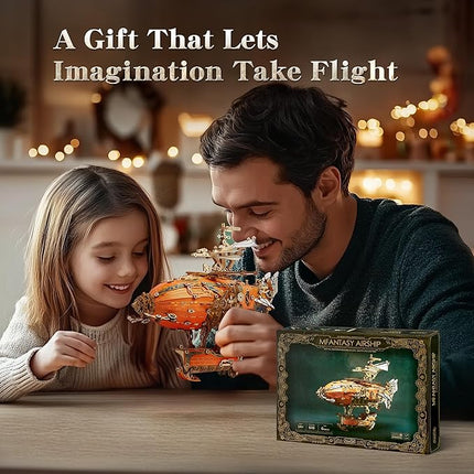 LED 3D Wood Puzzle Fantasy Airship Model - Steampunk DIY Craft Kit with LED Lights – Intricate Wooden Airship Model Building Set for Teens and Adults(Orange)