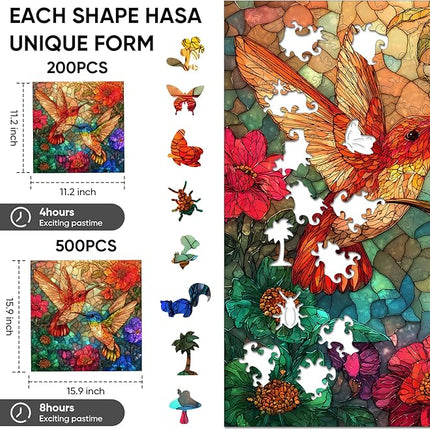 Glass Hummingbird Wooden Puzzles, 200 Pieces Jigsaw Puzzles 11.2 x11.2 inch, Unique Design Wooden Puzzles for Adults and Kids, Family Game Gift