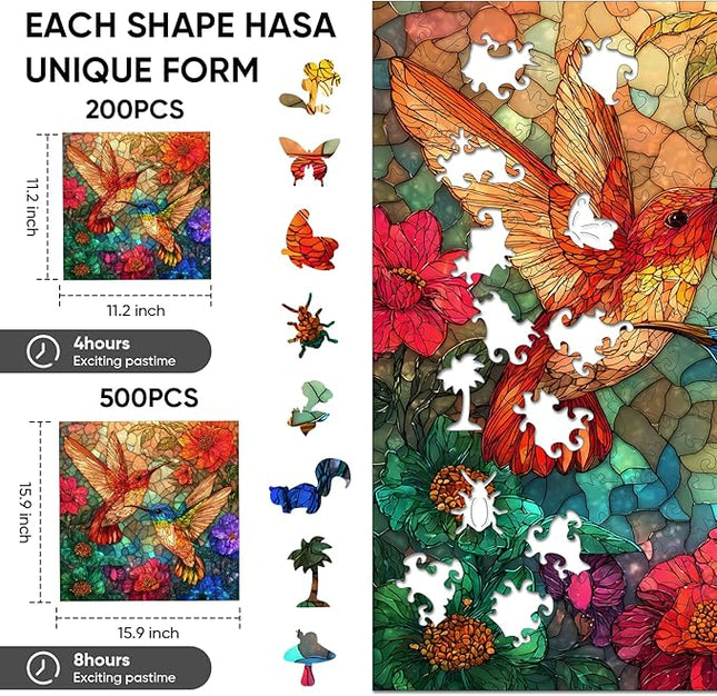 Glass Hummingbird Wooden Puzzles, 200 Pieces Jigsaw Puzzles 11.2 x11.2 inch, Unique Design Wooden Puzzles for Adults and Kids, Family Game Gift