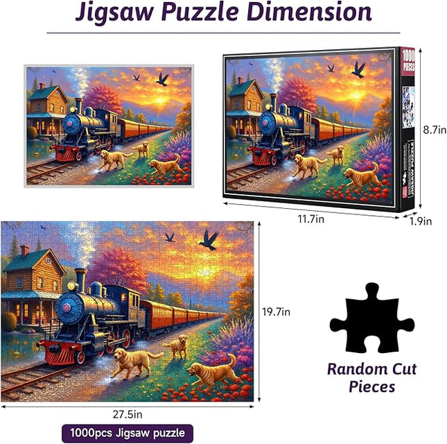 Puzzles for Adults 1000 Piece, Train and Dog Jigsaw Puzzle 1000 Pieces, Train Jigsaw Puzzles with Vintage Steam Train, Countryside Scenery, Cute Dog Great Gift for Family Friends