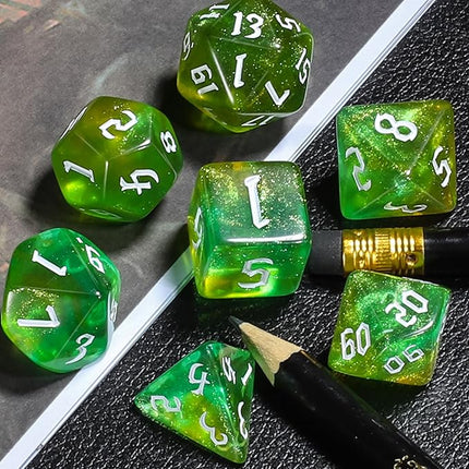 CiaraQ DND Polyhedral Dice Set for Dungeons and Dragons RPG MTG Role Playing Table Games-with 1 Dice Pouch (Green with Yellow + Glitter)