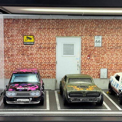 1/64 Model Car Display Case - Compatible with Hot Wheels Matchbox Mini GT Diecast Cars,Acrylic Box for Toy Cars Display Décor and Storage,Stackable Garage Diorama with LED Lights(1T-RedBrick)