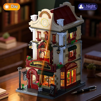 Bordeaux Wine Club Construction Building Set with LED Lights, City Town Winery Chateau House Building Kit, Vintage Collectible Model, Creative Christmas Birthday Gift for Adult Teen,1524 Pcs