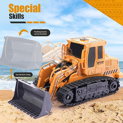 Remote Control Front Loader - Metal Shovel, LED Working Lights, Music & 2 Rechargeable Batteries, Construction Toys for Boys Age 4 5 6 7 8 Birthday Gift