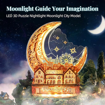 3D DIY Puzzle Moon City Model - LED 3D Wood Puzzle - 3D Wooden Puzzles for Adults Home Décor Gifts for Kids and Adults, White