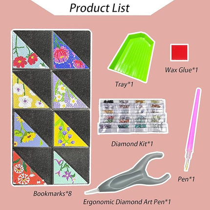 8 Pcs Diamond Art Painting Bookmarks Kit for Adult, DIY Diamond Paint Corner Book Makers Set, Small Dimond Art Kits, Valentines Day Crafts Kit Gifts for Women Flower Black with Ergonomic Diamond Pen
