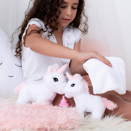 Perfectto Design Unicorn Toy for Girls Age 3-10. 4 PCS Set - Mommy and Baby Stuffed Animals, Bag and a Doll Blanket. Unicorn Gift for 3-8 Year Old Birthdays and Christmas.
