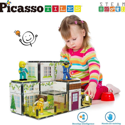 PicassoTiles Magnet Tile Building Block Family Homestead Doll House Theme Playset 8 Character Action Figures Double Sided Magnetic Tiles Printing STEM Education Learning Kit Toy Set Kids Ages 3+ PTQ06