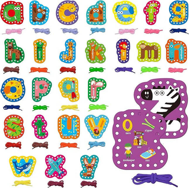 SpriteGru 26PCS Alphabet Lacing Cards, Lowercase Letters Sewing Kit with 26 Double-Sided Cards and 26 Colorful Laces Alphabet Learning Toy Motor Skills Art Crafts for Toddlers, Kids, Students