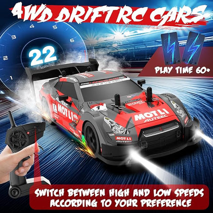 RC Drift Car 1:20 Scale Remote Control Cars 2.4GHz 4WD High Speed RTR Racing Vehicle with LED Lights 2 Rechargeable Batteries and Drifting Tires Racing Sport Toy Car for Adults Kids Boys Girls