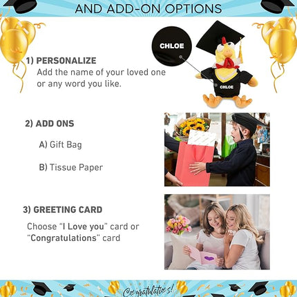 DolliBu Yellow Rooster Graduation Plush Toy - Super Soft Rooster Graduation Stuffed Animal Dress Up with Gown and Cap with Tassel Outfit - Reward Celebration Grad Gift - 10.5 Inch