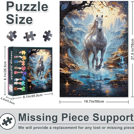 Jigsaw Puzzle 1000 Piece for Adults, White Horse in Enchanted Forest, Majestic Nature Scene with Vibrant Art, Premium Adult Puzzles 1000 Pieces (27.5x19.7 in)