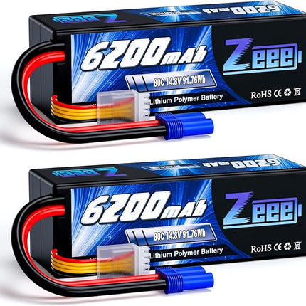 Zeee 4S Lipo Battery 6200mAh 14.8V 80C Hard Case Battery with EC5 Connector for Car Truck Tank RC Buggy Truggy Racing Hobby(2 Packs)